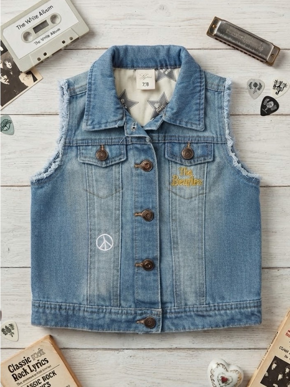 Junk Food The Beatles Girls Denim Vest Sz 7/8 Peace Sign Rocker Jean Vest EUC